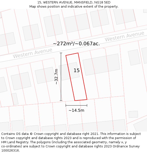 15, WESTERN AVENUE, MANSFIELD, NG18 5ED: Plot and title map