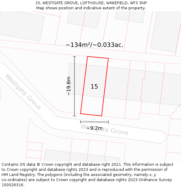 15, WESTGATE GROVE, LOFTHOUSE, WAKEFIELD, WF3 3NP: Plot and title map