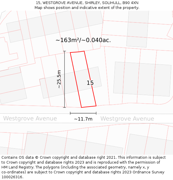 15, WESTGROVE AVENUE, SHIRLEY, SOLIHULL, B90 4XN: Plot and title map