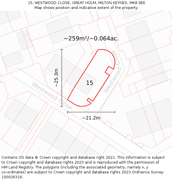 15, WESTWOOD CLOSE, GREAT HOLM, MILTON KEYNES, MK8 9EE: Plot and title map