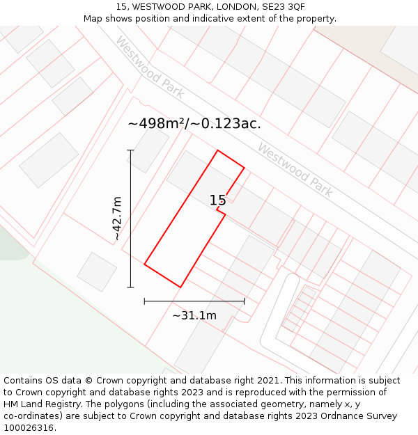 15, WESTWOOD PARK, LONDON, SE23 3QF: Plot and title map