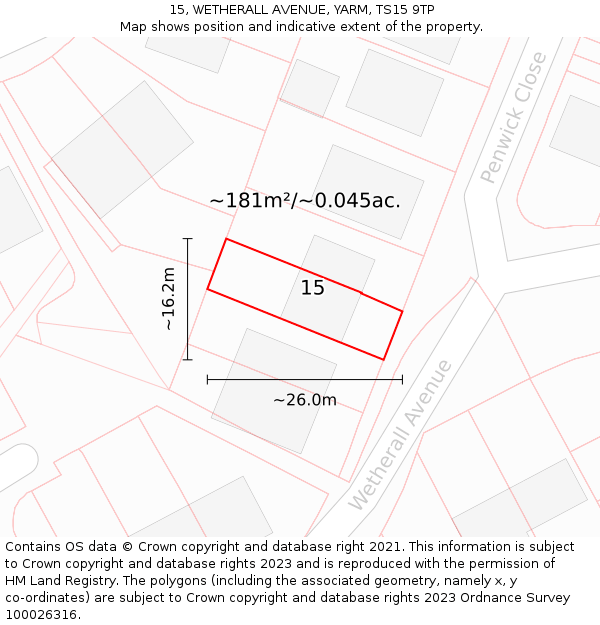 15, WETHERALL AVENUE, YARM, TS15 9TP: Plot and title map