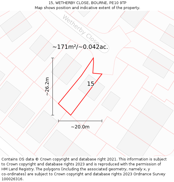 15, WETHERBY CLOSE, BOURNE, PE10 9TP: Plot and title map