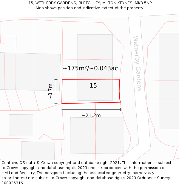 15, WETHERBY GARDENS, BLETCHLEY, MILTON KEYNES, MK3 5NP: Plot and title map