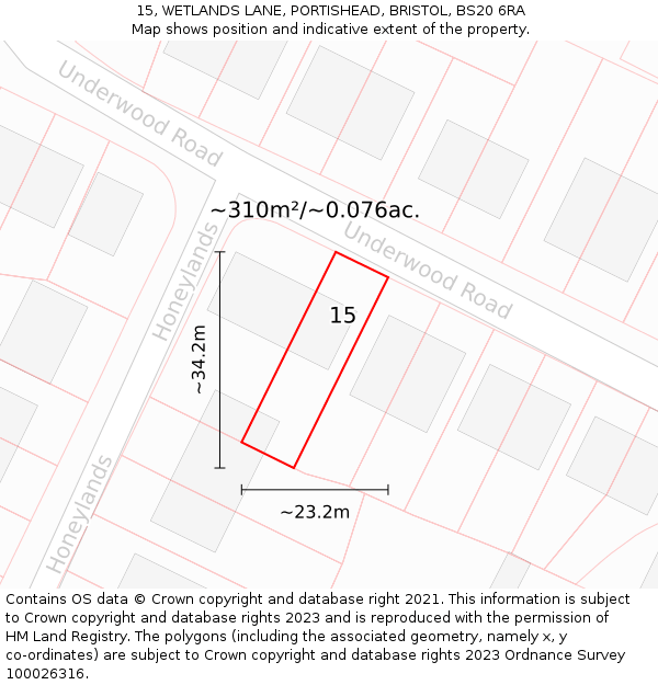 15, WETLANDS LANE, PORTISHEAD, BRISTOL, BS20 6RA: Plot and title map