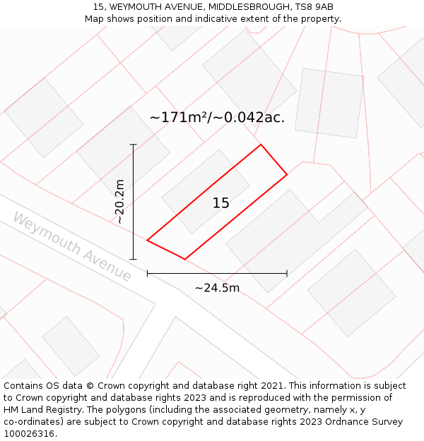 15, WEYMOUTH AVENUE, MIDDLESBROUGH, TS8 9AB: Plot and title map