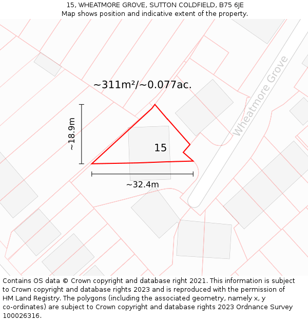15, WHEATMORE GROVE, SUTTON COLDFIELD, B75 6JE: Plot and title map