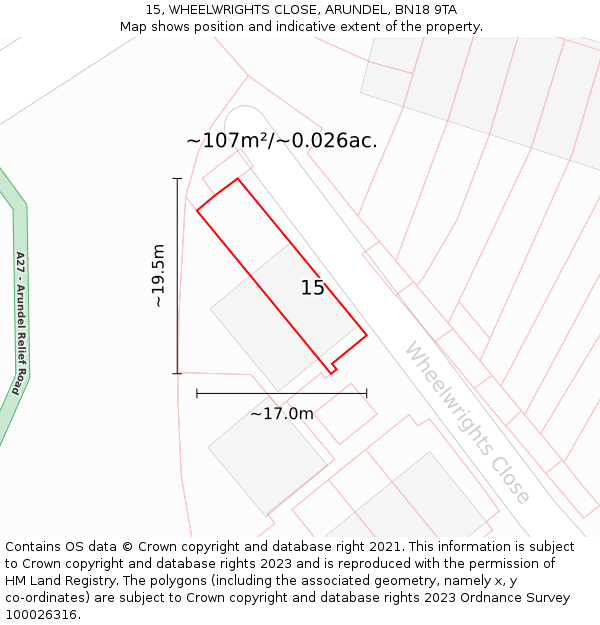 15, WHEELWRIGHTS CLOSE, ARUNDEL, BN18 9TA: Plot and title map