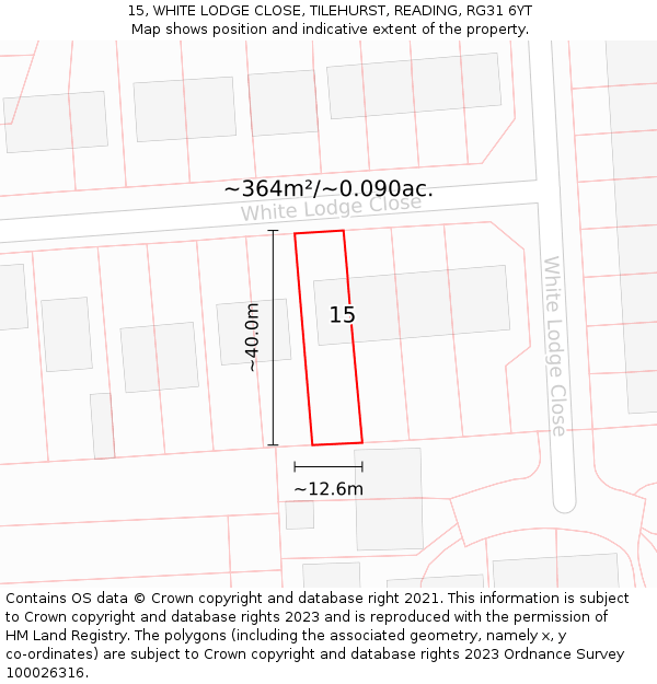 15, WHITE LODGE CLOSE, TILEHURST, READING, RG31 6YT: Plot and title map