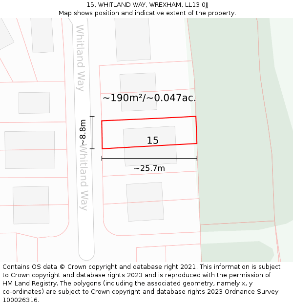 15, WHITLAND WAY, WREXHAM, LL13 0JJ: Plot and title map
