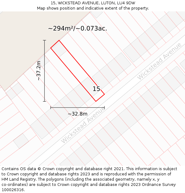 15, WICKSTEAD AVENUE, LUTON, LU4 9DW: Plot and title map