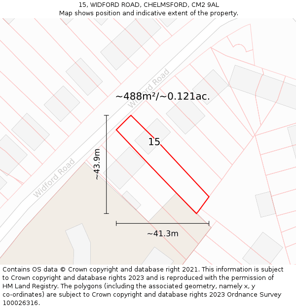 15, WIDFORD ROAD, CHELMSFORD, CM2 9AL: Plot and title map