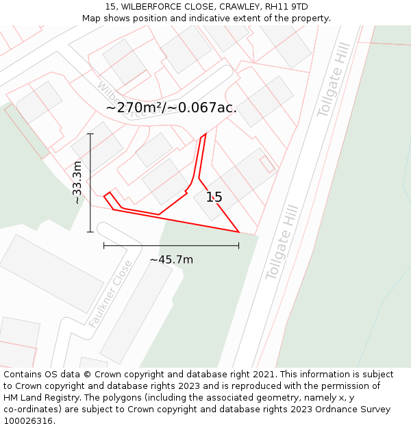15, WILBERFORCE CLOSE, CRAWLEY, RH11 9TD: Plot and title map