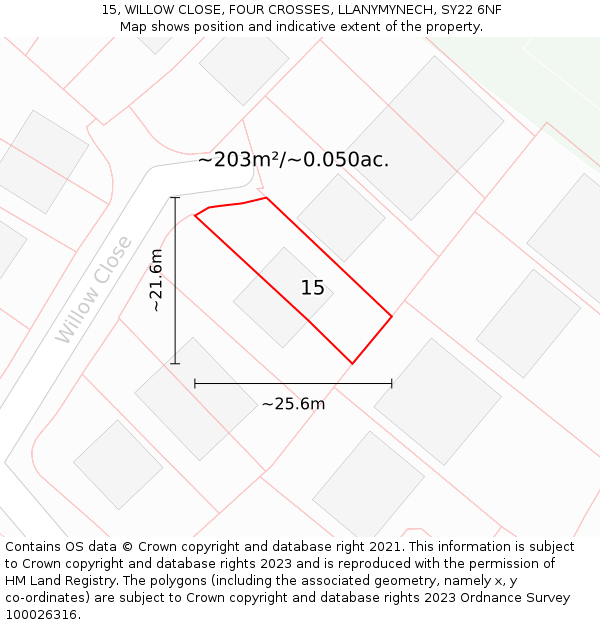 15, WILLOW CLOSE, FOUR CROSSES, LLANYMYNECH, SY22 6NF: Plot and title map