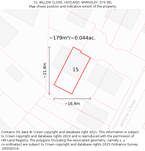 15, WILLOW CLOSE, HOYLAND, BARNSLEY, S74 0EL: Plot and title map