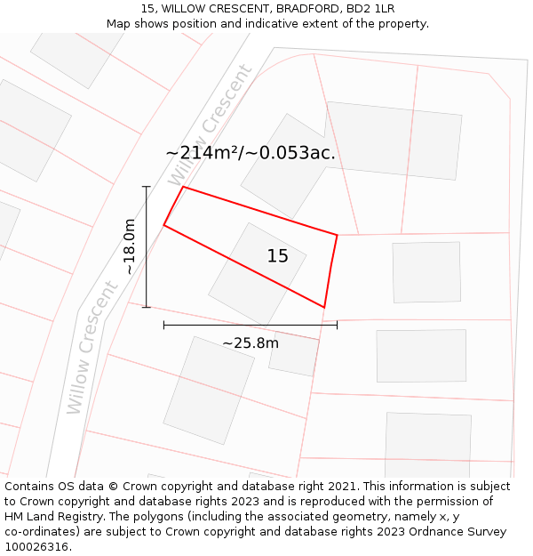 15, WILLOW CRESCENT, BRADFORD, BD2 1LR: Plot and title map