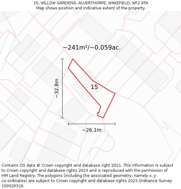 15, WILLOW GARDENS, ALVERTHORPE, WAKEFIELD, WF2 9TA: Plot and title map