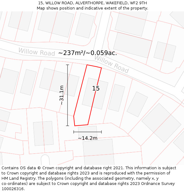 15, WILLOW ROAD, ALVERTHORPE, WAKEFIELD, WF2 9TH: Plot and title map