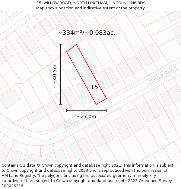 15, WILLOW ROAD, NORTH HYKEHAM, LINCOLN, LN6 8DS: Plot and title map
