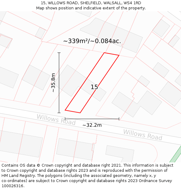 15, WILLOWS ROAD, SHELFIELD, WALSALL, WS4 1RD: Plot and title map