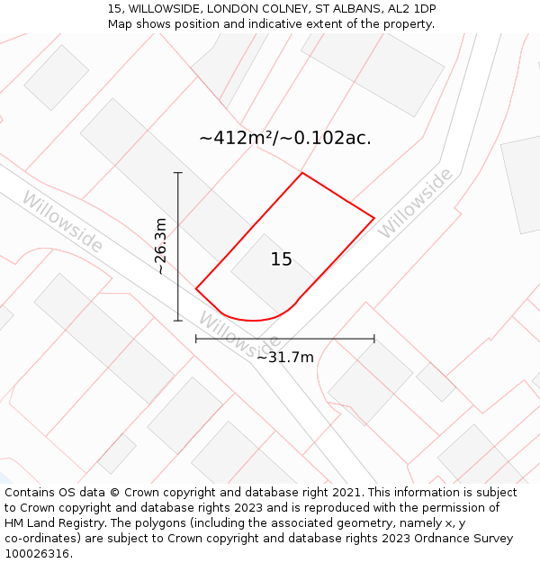 15, WILLOWSIDE, LONDON COLNEY, ST ALBANS, AL2 1DP: Plot and title map