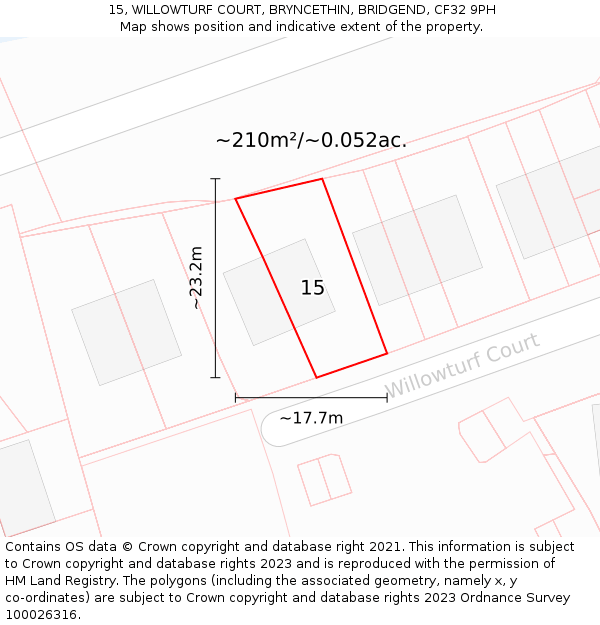 15, WILLOWTURF COURT, BRYNCETHIN, BRIDGEND, CF32 9PH: Plot and title map