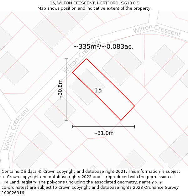 15, WILTON CRESCENT, HERTFORD, SG13 8JS: Plot and title map