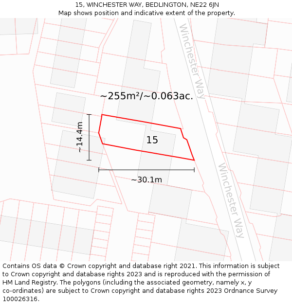 15, WINCHESTER WAY, BEDLINGTON, NE22 6JN: Plot and title map