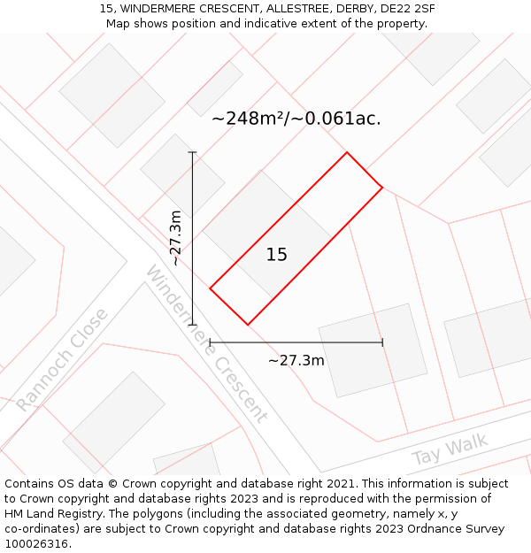 15, WINDERMERE CRESCENT, ALLESTREE, DERBY, DE22 2SF: Plot and title map