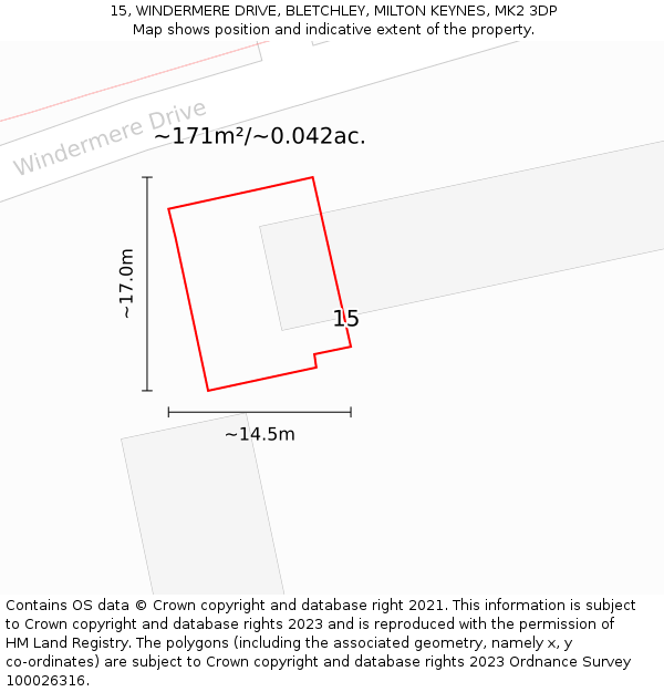 15, WINDERMERE DRIVE, BLETCHLEY, MILTON KEYNES, MK2 3DP: Plot and title map