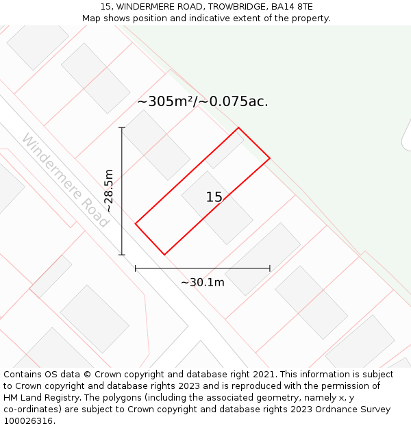 15, WINDERMERE ROAD, TROWBRIDGE, BA14 8TE: Plot and title map