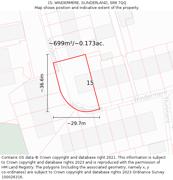 15, WINDERMERE, SUNDERLAND, SR6 7QQ: Plot and title map