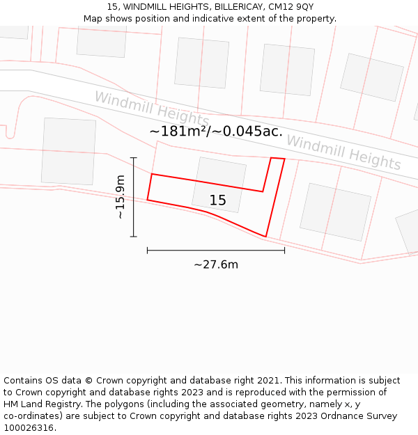 15, WINDMILL HEIGHTS, BILLERICAY, CM12 9QY: Plot and title map