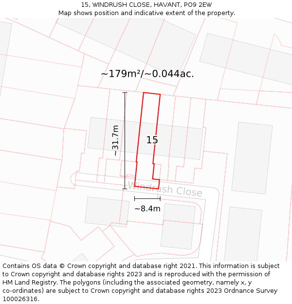 15, WINDRUSH CLOSE, HAVANT, PO9 2EW: Plot and title map