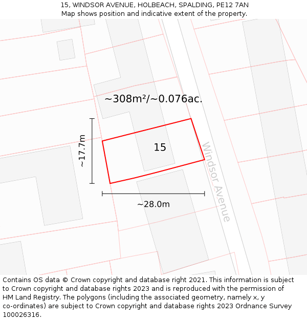 15, WINDSOR AVENUE, HOLBEACH, SPALDING, PE12 7AN: Plot and title map