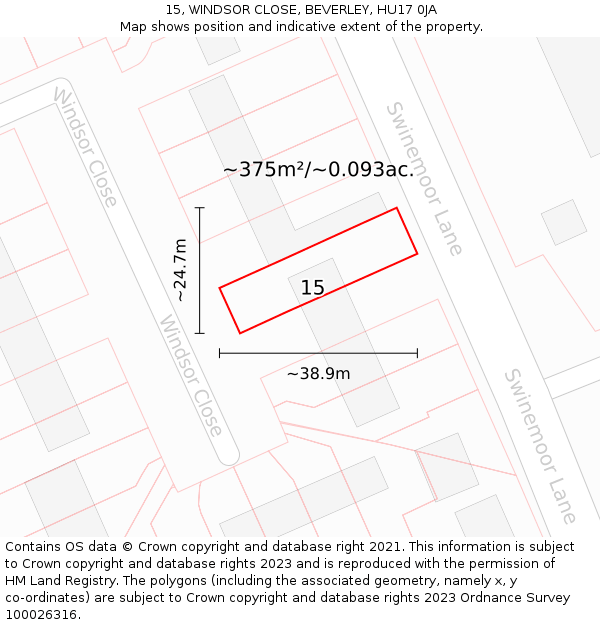 15, WINDSOR CLOSE, BEVERLEY, HU17 0JA: Plot and title map
