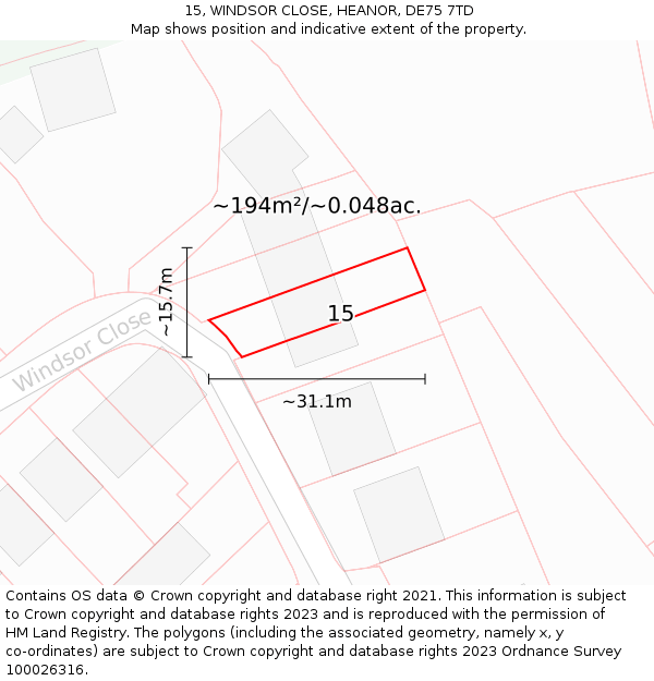 15, WINDSOR CLOSE, HEANOR, DE75 7TD: Plot and title map