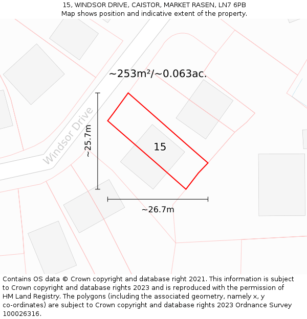 15, WINDSOR DRIVE, CAISTOR, MARKET RASEN, LN7 6PB: Plot and title map