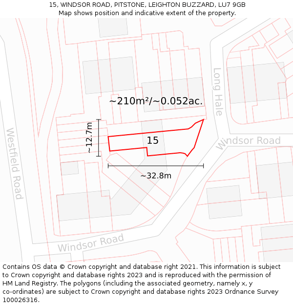 15, WINDSOR ROAD, PITSTONE, LEIGHTON BUZZARD, LU7 9GB: Plot and title map