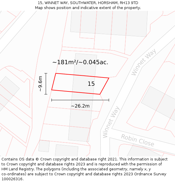 15, WINNET WAY, SOUTHWATER, HORSHAM, RH13 9TD: Plot and title map