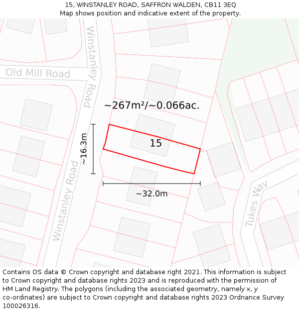 15, WINSTANLEY ROAD, SAFFRON WALDEN, CB11 3EQ: Plot and title map