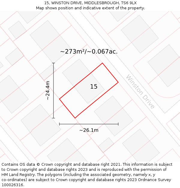 15, WINSTON DRIVE, MIDDLESBROUGH, TS6 9LX: Plot and title map