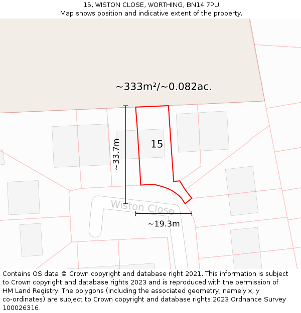 15, WISTON CLOSE, WORTHING, BN14 7PU: Plot and title map