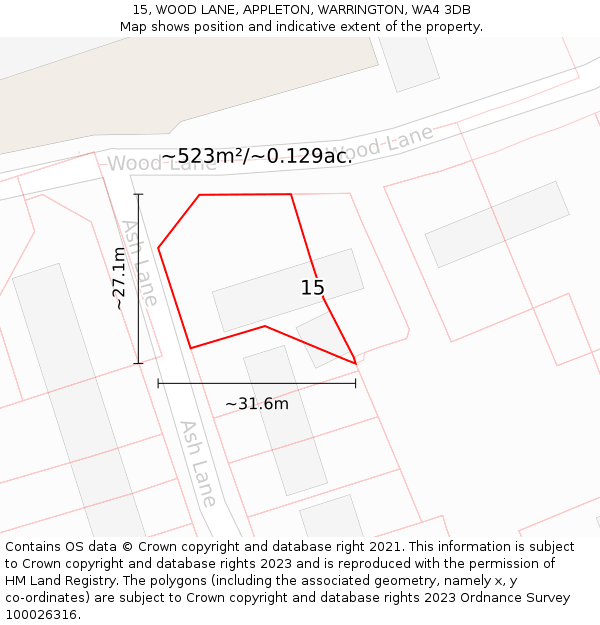 15, WOOD LANE, APPLETON, WARRINGTON, WA4 3DB: Plot and title map