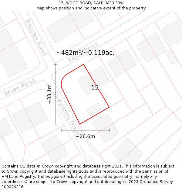 15, WOOD ROAD, SALE, M33 3RW: Plot and title map