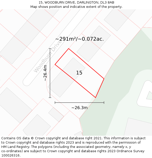15, WOODBURN DRIVE, DARLINGTON, DL3 8AB: Plot and title map