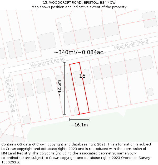 15, WOODCROFT ROAD, BRISTOL, BS4 4QW: Plot and title map