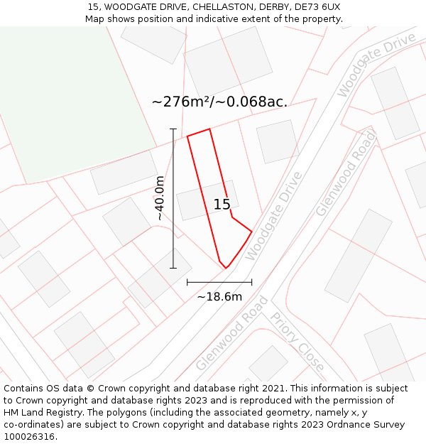 15, WOODGATE DRIVE, CHELLASTON, DERBY, DE73 6UX: Plot and title map