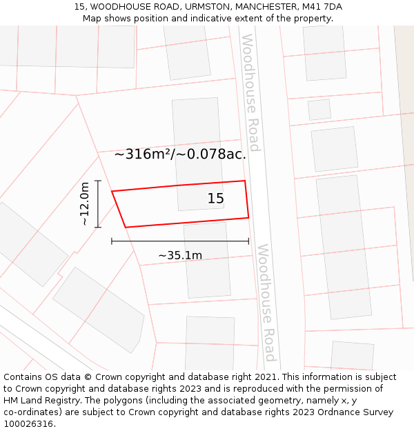 15, WOODHOUSE ROAD, URMSTON, MANCHESTER, M41 7DA: Plot and title map