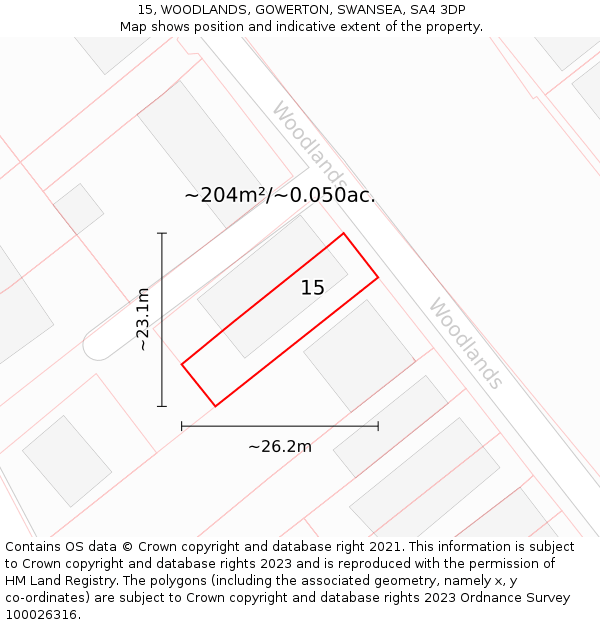 15, WOODLANDS, GOWERTON, SWANSEA, SA4 3DP: Plot and title map